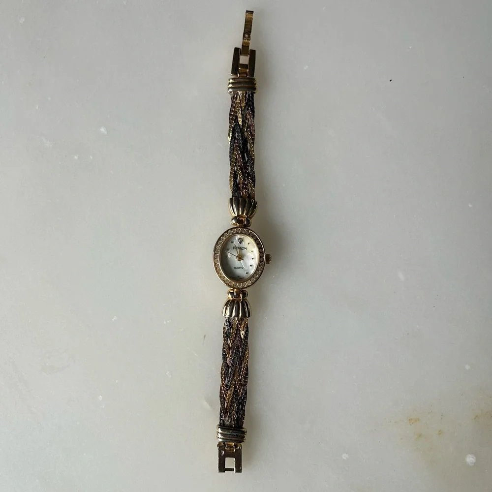 Vintage Y2K Revlon Crystal Rhinestone Watch Gold Tone Silver Braided Band Womens